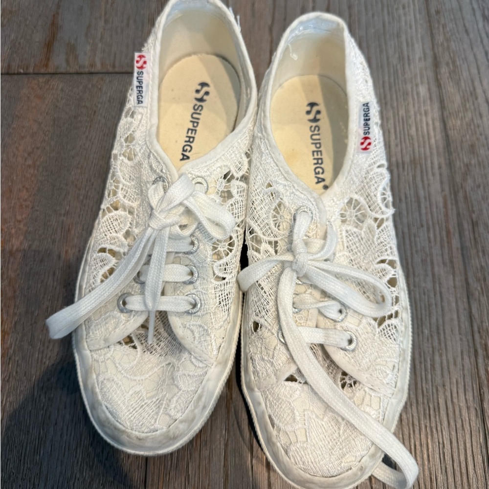 Superga White Lace-Up Crochet Low-Top Sneakers
